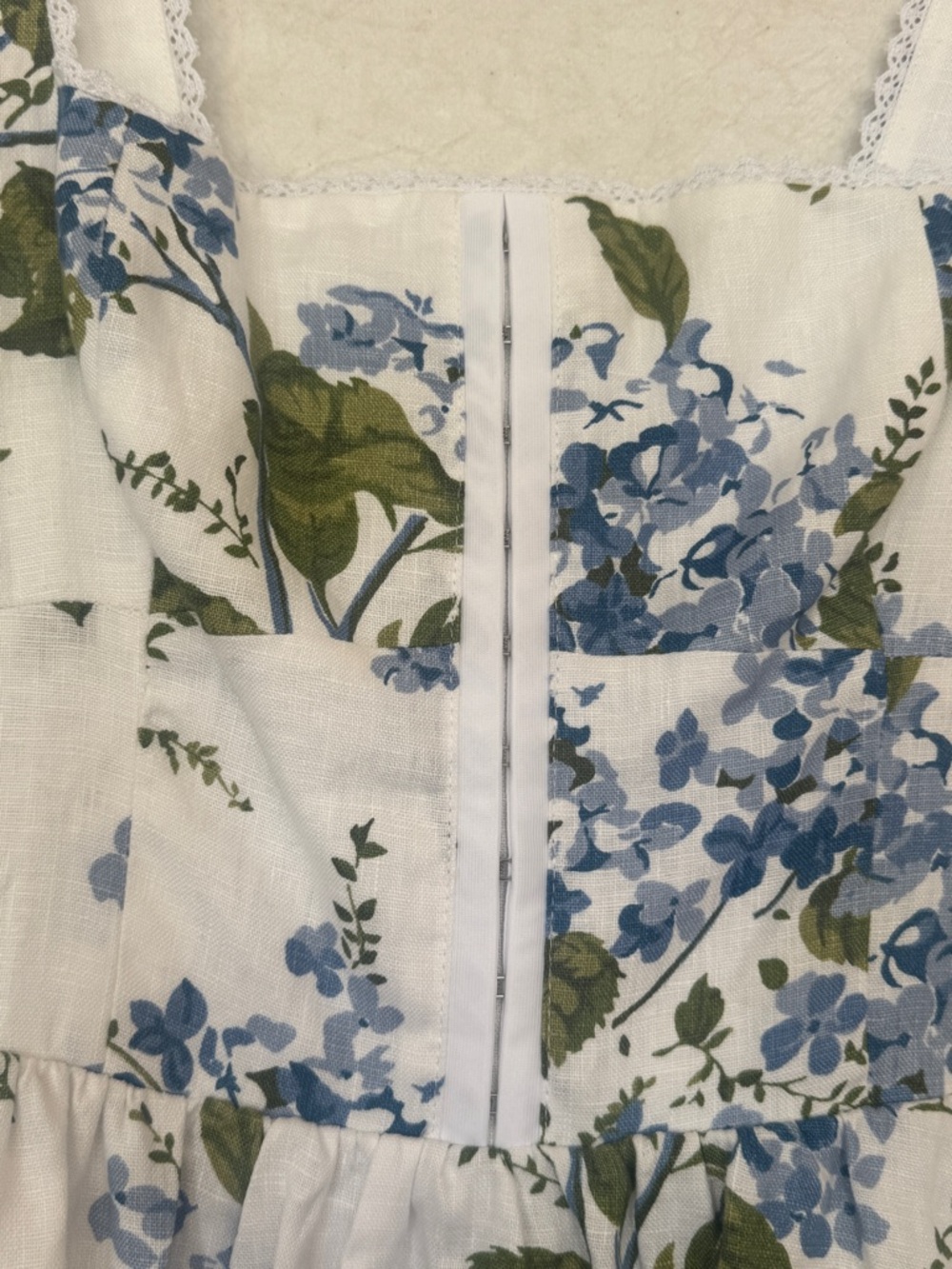 Reformation White Midi Dress with Blue Floral and Green Leaves - Picture 4 of 9
